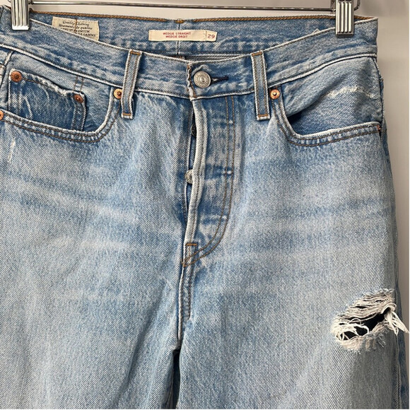 Levi’s wedgie straight jeans distressed denim flame crocheted detail y2k  sz 29 - Picture 10 of 15